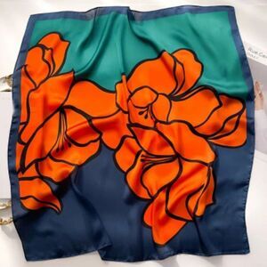 Red Green floral Print Square Scarf, Luxury Satin wrap Neck shawl